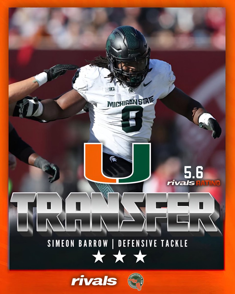 Former Michigan State DT Simeon Barrow is transferring to MIAMI 😳🙌 Barrow registered 110 tackles, and 10.5 sacks in three seasons at MSU. miami.rivals.com/news/michigan-…