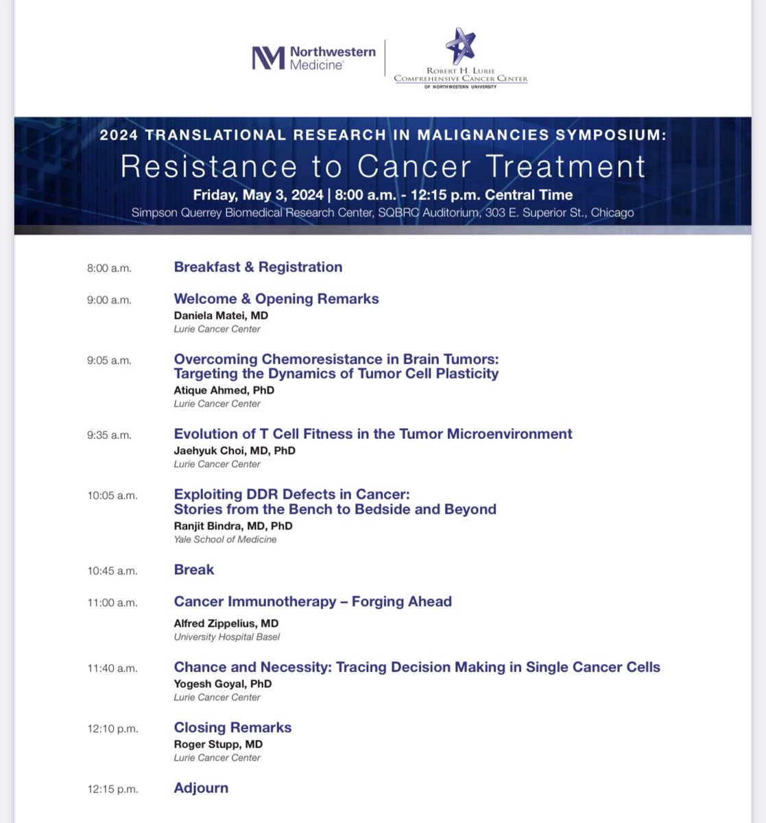 Thank you @LurieCancer for the invitation to present at this wondering symposium on resistance to cancer treatment; always great to see a mentor+good friend @roger_stupp, and also @jaehyukchoimd, @CraigHorbinski, +many others! 🙌🏽🙏🏽 @YaleRadOnc @YaleCancer #science #academia