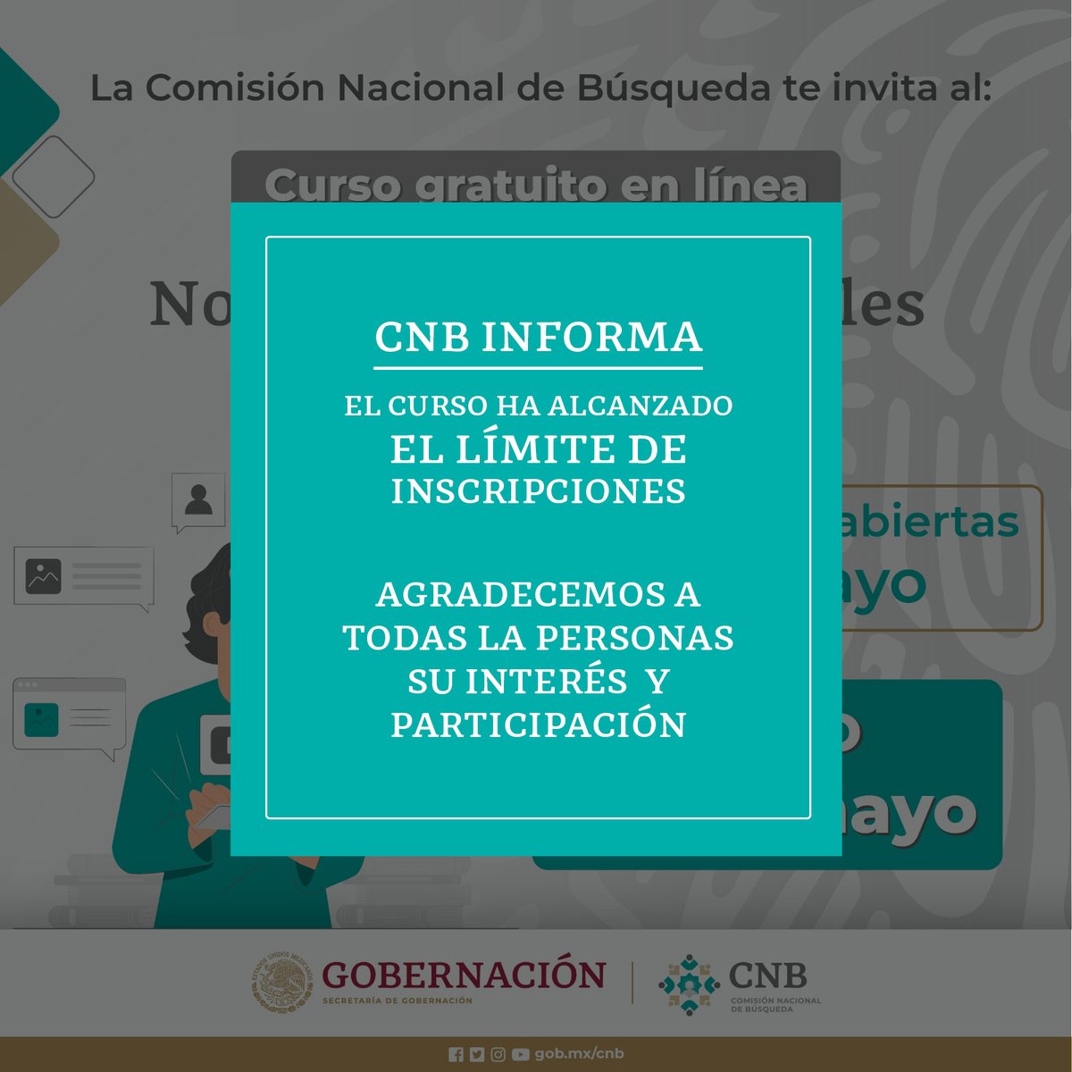 Debido a la enorme respuesta para la inscripción al curso en línea de NORMAS INTERNACIONALES SOBRE BÚSQUEDA. Informamos que se ha llegado al límite de inscripciones. Agradecemos a todas las personas su interés y participación.