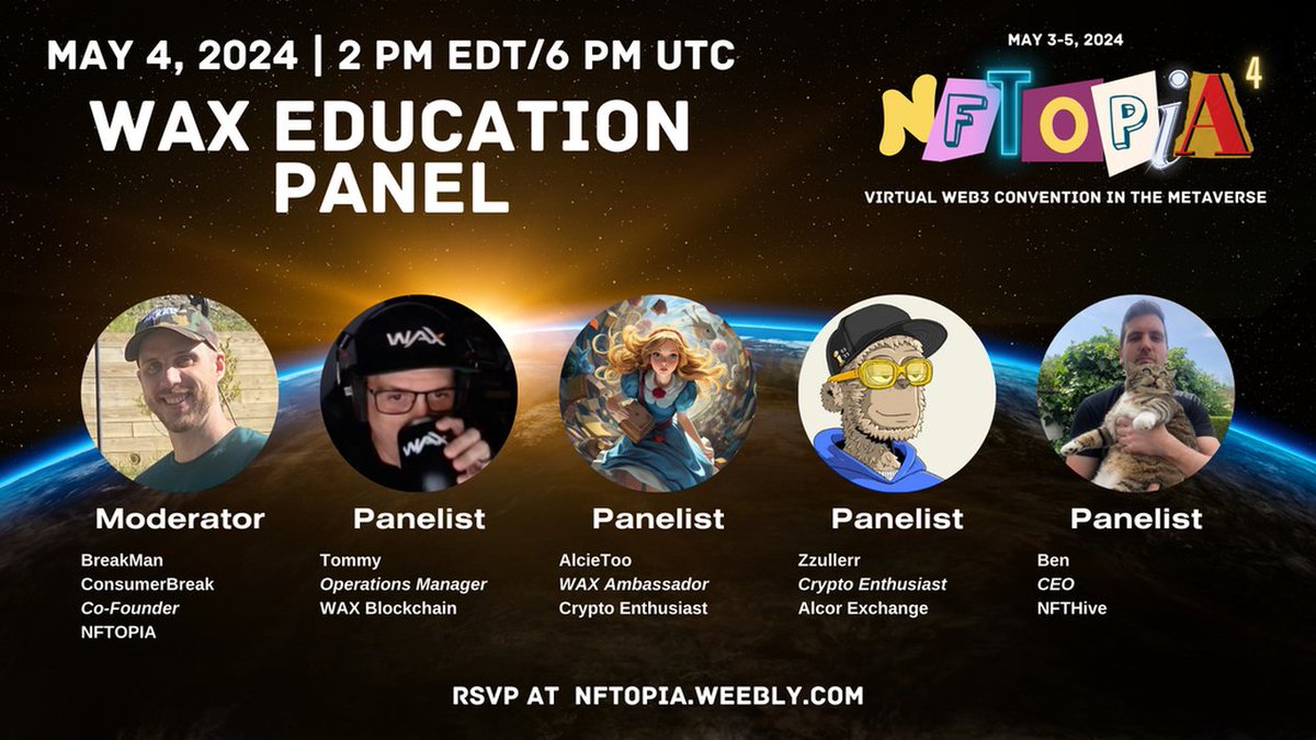 🤔 New to WAX? Don't miss the WAX Education Panel at #NFTOPIA4 on May 4th at 2:00 PM EDT! Learn the ropes from WAX experts & enjoy scavenger hunts, #NFT giveaways, metaverse hangouts & more: nftopia.weebly.com.