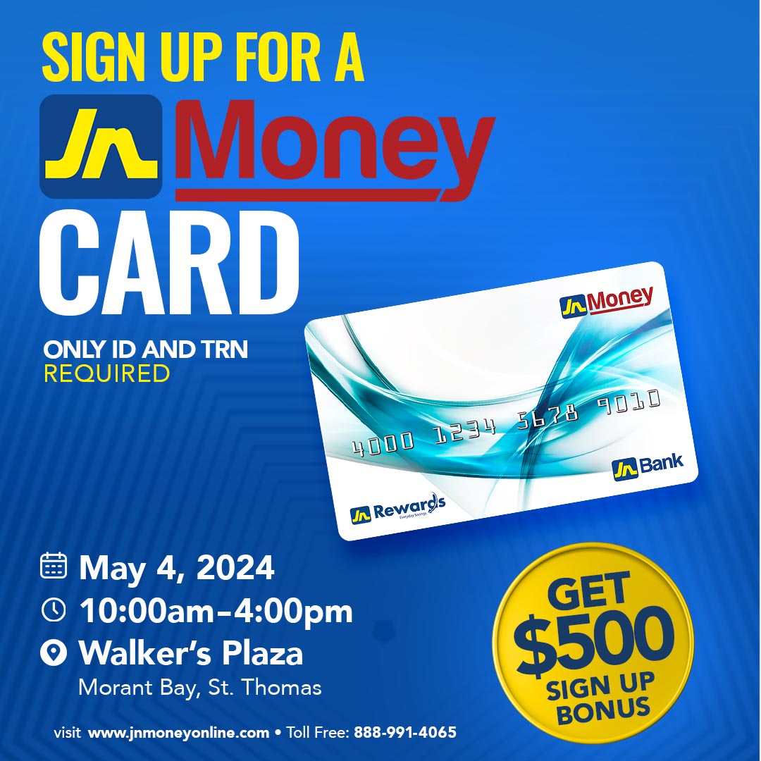 Morant Bay, you're up next! The JN Money team is heading your way tomorrow (May 4, 2024). Visit us at the Edge FM road tour, happening at Walker’s Plaza, to sign up for your JN Money Card. When you sign up, you'll receive a $500 bonus! 💰 #JNMoney #JNMoneyCard #MorantBay