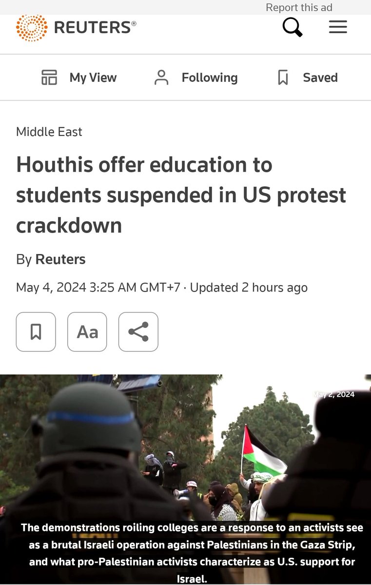 เมื่อวานอิหร่านเสนอให้นักศึกษาที่จะโดนไล่ออกจากมหาลัยในสหรัฐกลับไปเรียนฟรีในมหาลัยที่อิหร่าน วันนี้รอยเตอร์รายงานว่ากลุ่มก่อการร้ายฮูตีที่ออกปล้นสะดมภ์เรือขนส่งในทะเลขณะนี้ก็เสนอให้นักศึกษาเหล่านี้กลับมาเข้าโครงการเรียนฟรีกับฮูตีที่มหาลัยในเยเมนเช่นกัน

ไม่รู้ข่าวไหนตลกกว่ากัน