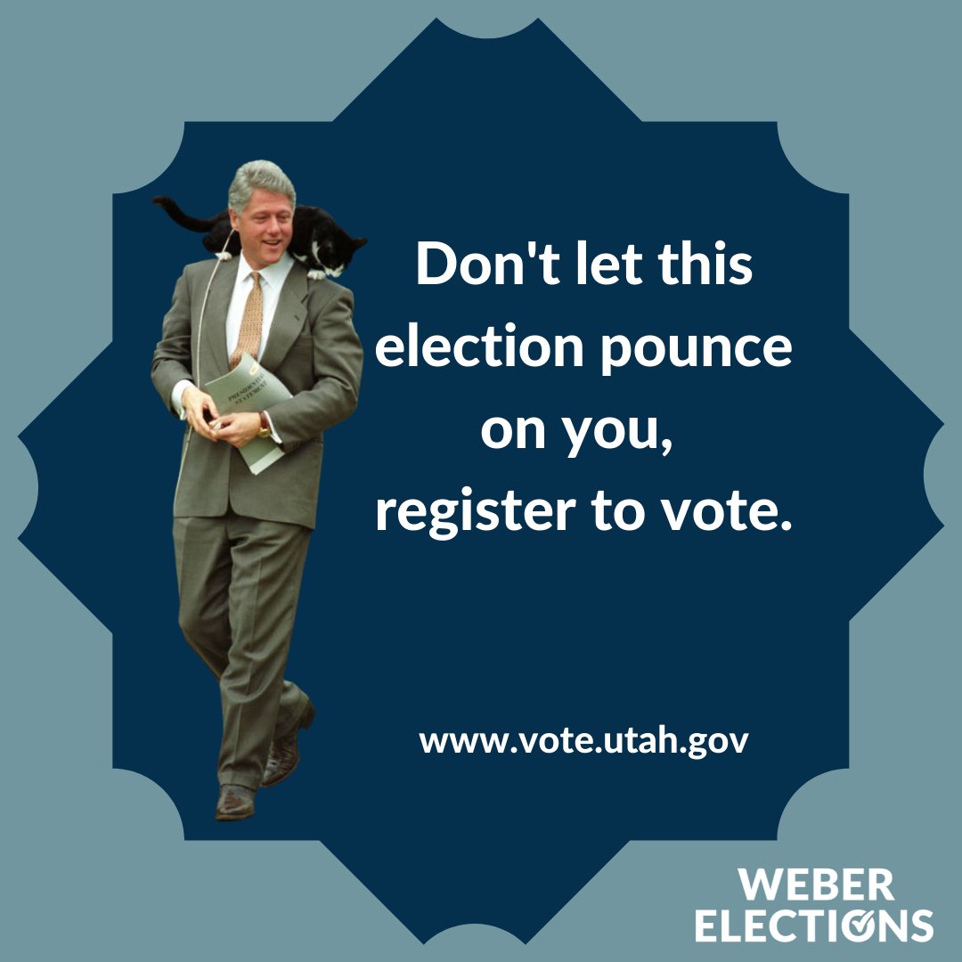 Don't let this election pounce on you, register to vote: vote.utah.gov 

#memes #registertovote #voterregistration #weberelections #utahvotesbymail #socksthecat #clinton #funnypresidentialpictures #humor #votebymail #utahelections #electionsutah