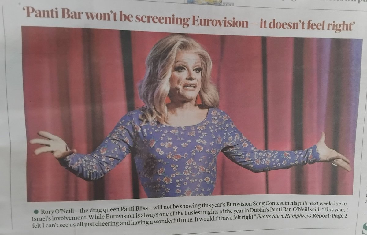 💜 There's @PantiBliss on the front of the Irish Independent on why Panti Bar will #BoycottEurovision2024 'Like so many people, I’m horrified by what’s happening in Palestine...I’m also very disappointed with the Eurovision for not stepping up.' Go to Shine on Palestine instead