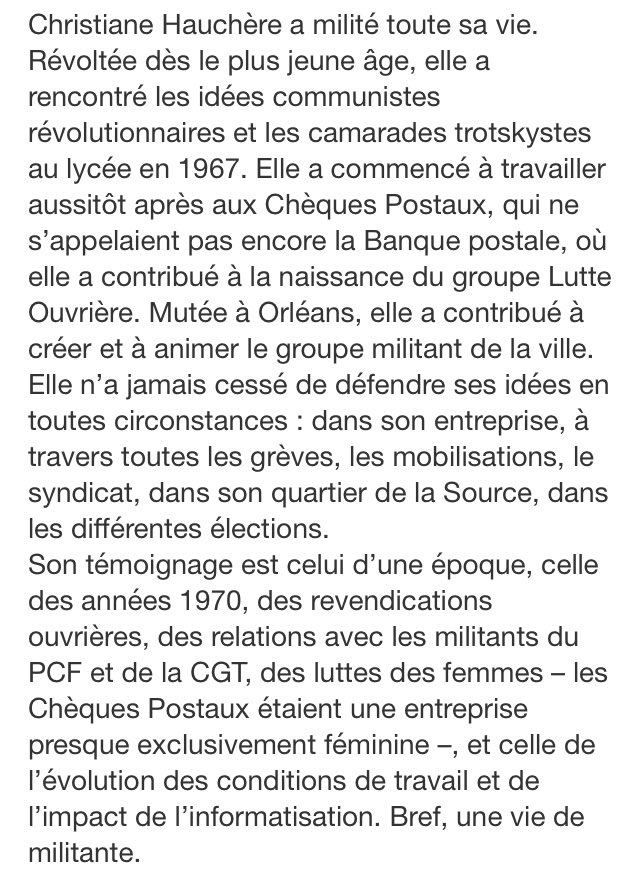 À paraître aux @Bons_Caracteres « Une vie de militante à Orléans, et aux Chèques postaux – La Source » par Christiane Hauchère : lesbonscaracteres.com/livre/une-vie-…