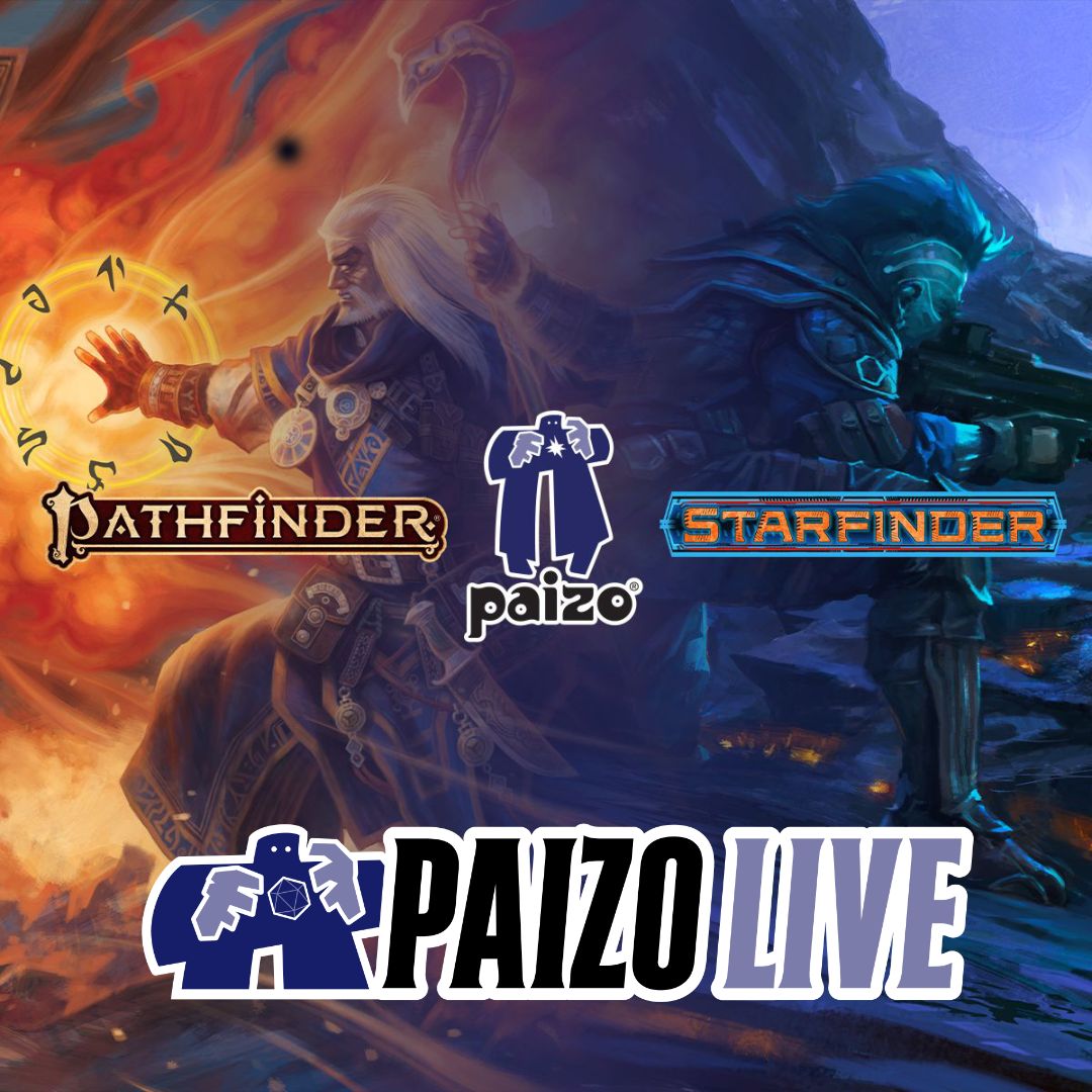 Going live now! Come join us on the Twitch as we discuss Mechageddon!, Adventure Paths, Pathfinder Society Season 6, and Free RPG Day! paizo.me/3oCKe30