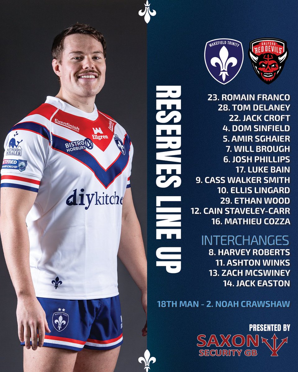 Good Luck to our Reserves today against Salford Red Devils 🤝🏻 Presented by @GbSaxon Big team news as Luke Bain make his first appearance since joining Trinity in the off-season! Kick off at 2:30pm #UpTheTrin