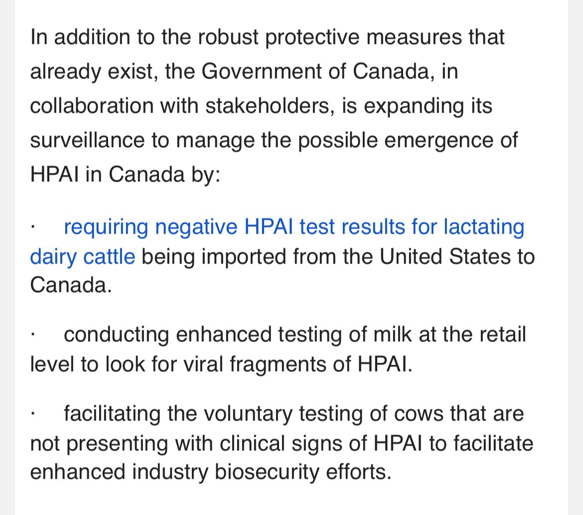 BREAKING: The Canadian Food Inspection Agency, Public Health Agency of Canada jointly announce Canada will be expanding surveillance of #H5N1, including cattle and retail milk testing, amid ongoing outbreak among U.S. dairy cattle. More from their new statement: