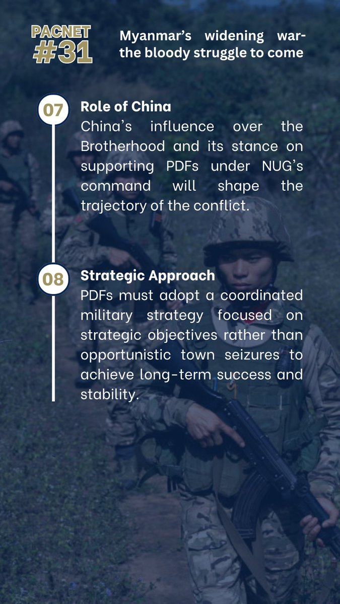 🔍 Gain insights into Myanmar's deepening conflict!🌏#PacNet 31 by Anthony Davis, Security Analyst, offers a comprehensive analysis of the evolving situation; f:rom the military's perspective to the challenges faced by resistance forces: 
pacforum.org/publications/p…

#PacificForum