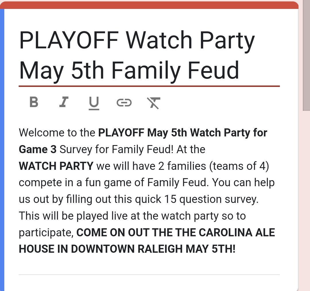 Ok. I'm setting up a new Family Feud for the Canes watch party on Sunday. If you could help me out and fill this out and share it, that would be AWESOME!! This one is fun. Thanks! Here is the link: forms.gle/ypFANGrppwhySq… #LetsGoCanes #CauseChaos #familyfeud