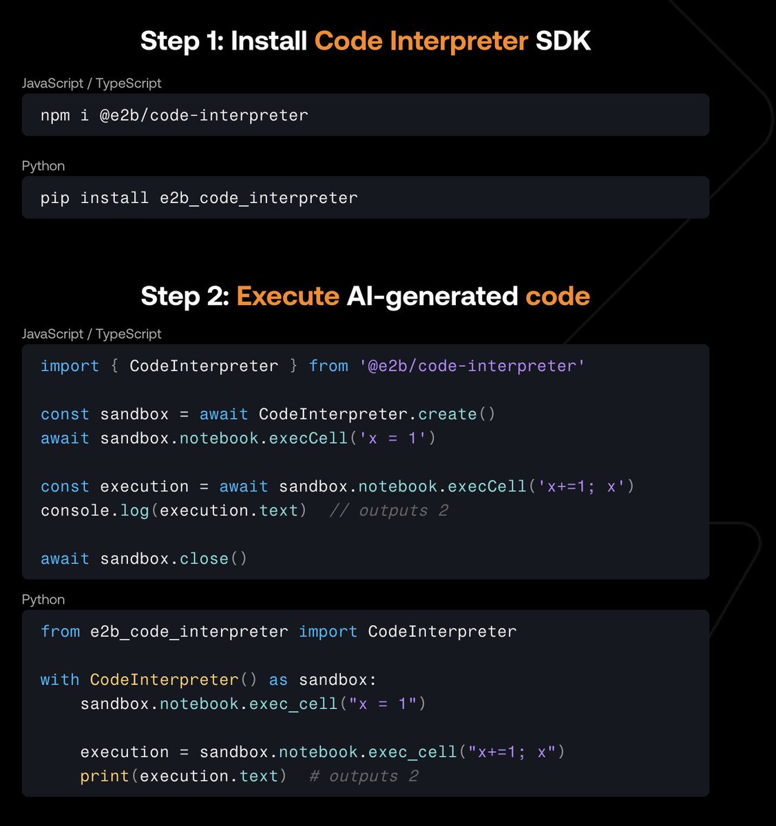 In this week's CHANGELOG: 🫡 The Code Interpreter SDK release 🫡 Fixed bugs and improvements 🫡 Progress on the E2B roadmap See the complete changelog here: e2b.dev/changelog