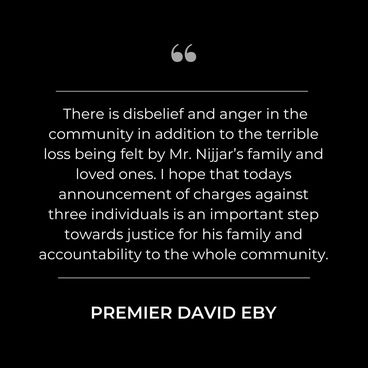 The murder of Hardeep Singh Nijjar has shaken BC's Sikh community and Canadians across the country. I hope that todays announcement of charges against three individuals is an important step towards justice for his family and accountability to the whole community. (1/2)