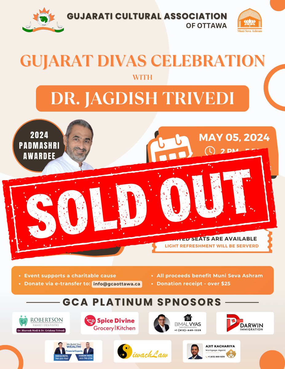 gcaottawa's tweet photo. We are thrilled to announce that the Gujarat Divas celebration tickets are sold out. 

Thank you all who secured their tickets, and Gujarati Cultural Association of Ottawa is very excited to see you all at the event. https://t.co/xUsHbdruX5