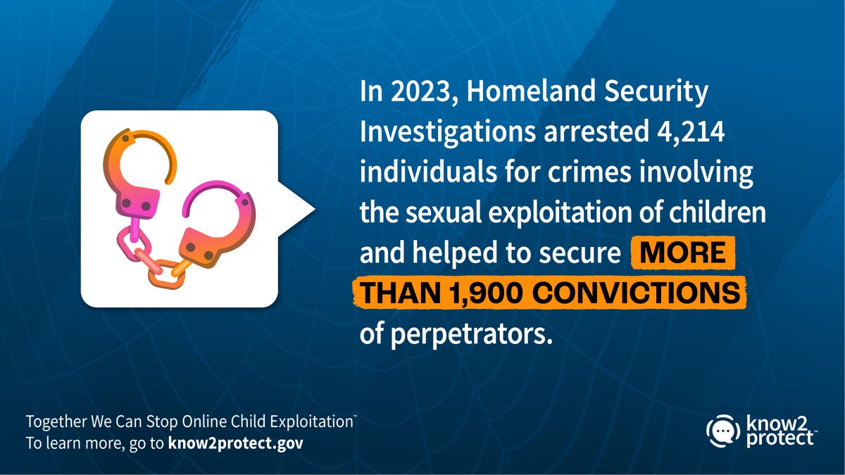 @HSI_HQ, is the principal investigative arm of @DHSgov, focusing on protecting the public from crimes of victimization, including child sexual exploitation. To learn how to keep children and teens safe online, visit know2protect.gov.

#K2P #ChildAbusePreventionMonth
