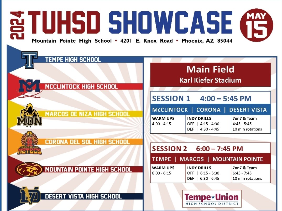 🚨Showcase Alert 🚨 📢 TUHSD Showcase 📆 May 15th 🕘 Session 2 (6pm-7:45pm) 📍Mountain Pointe HS #NextLevelPadres #PadreProspects @MdNAthletics//@PadresFootball