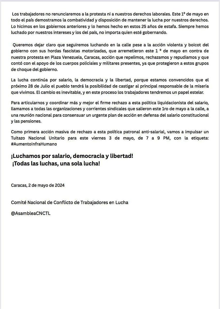 Extraordinario comunicado del <a href="/AsambleaCNCTL/">#ComiteNCTL</a> dando respuesta al  #AumentoInfrahumano #MaduroMatoElSalario