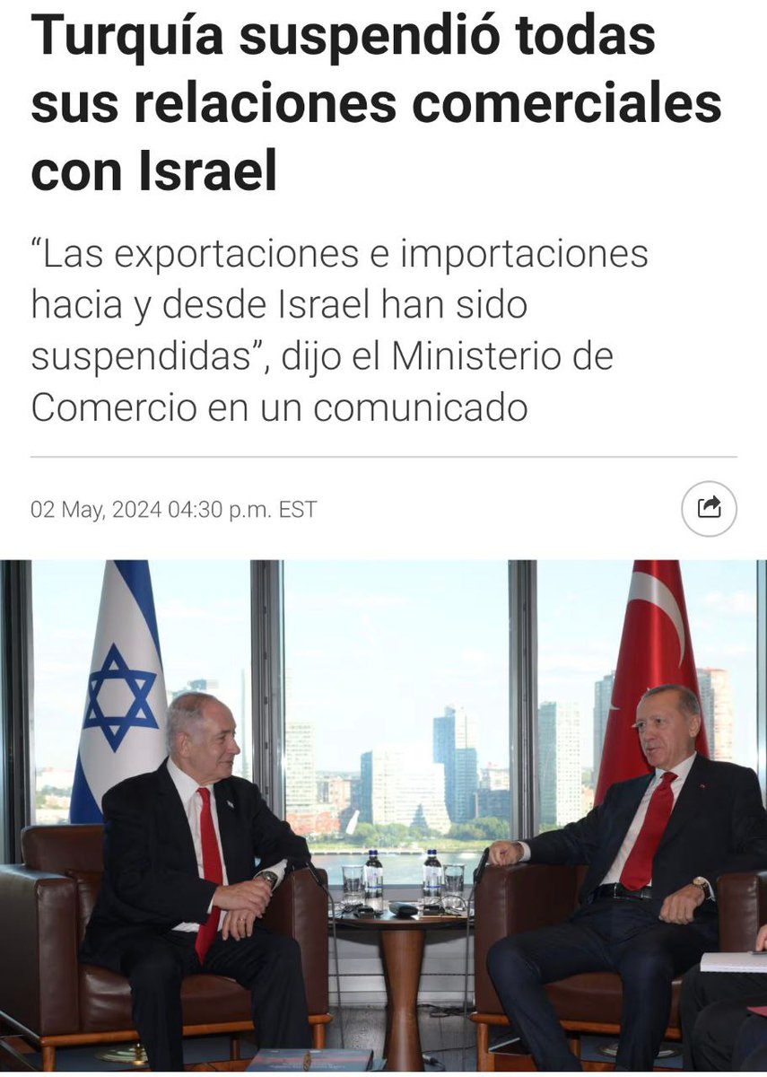 “Las exportaciones e importaciones hacia y desde Israel han sido suspendidas”, dijo el Ministerio de Comercio en un comunicado, añadiendo: “Turquía aplicará estas nuevas medidas... hasta que el gobierno israelí autorice un flujo ininterrumpido de ayuda humanitaria a Gaza”.