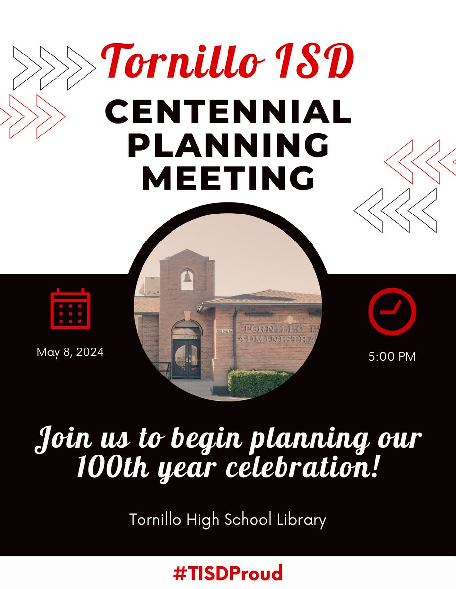 🚨 SPECIAL NOTICE 🚨

We’re kicking off the countdown to our centennial celebration! Join us Wednesday, May 8th at the THS library to start planning 

#TISDProud for almost 100 years! 🔴⚫️