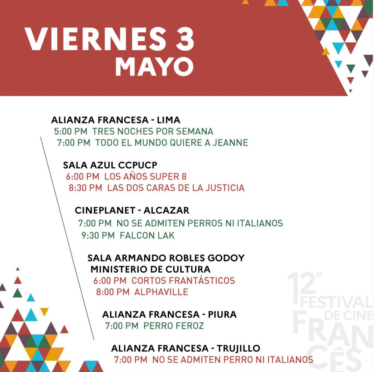 Perú : Conozcan el programa del #festivalcinefrancés para este viernes… en @AFLima_Oficial @CCULTURALPUCP @cineplanet @DAFO_peru @AF_Trujillo1 

Bon film!