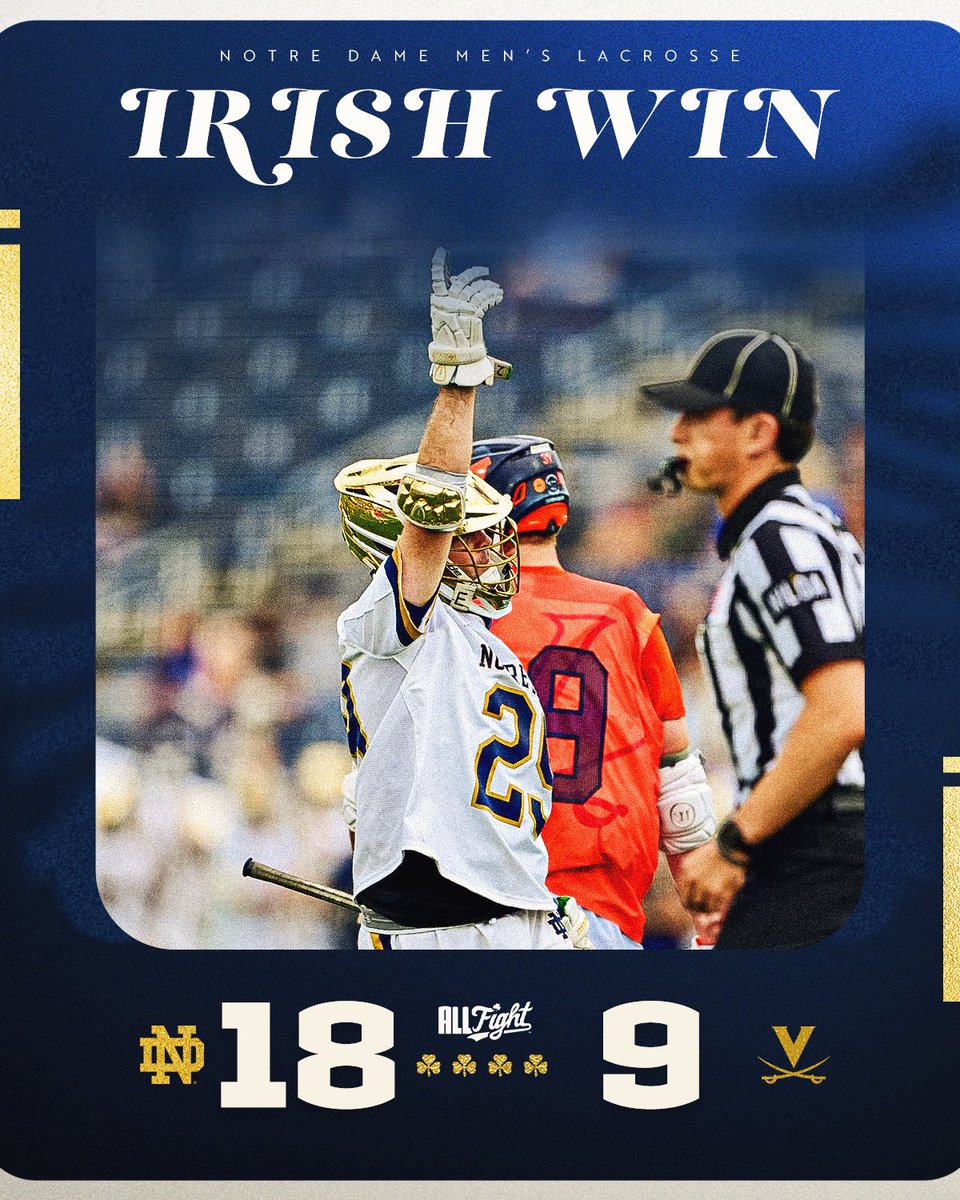 NDlacrosse's tweet photo. 𝗔𝗖𝗖 𝗖𝗛𝗔𝗠𝗣𝗜𝗢𝗡𝗦𝗛𝗜𝗣 𝗕𝗢𝗨𝗡𝗗!

A complete performance from the Irish sends Notre Dame to the SHIP!

#GoIrish🍀 https://t.co/6s1v2ZUwKo
