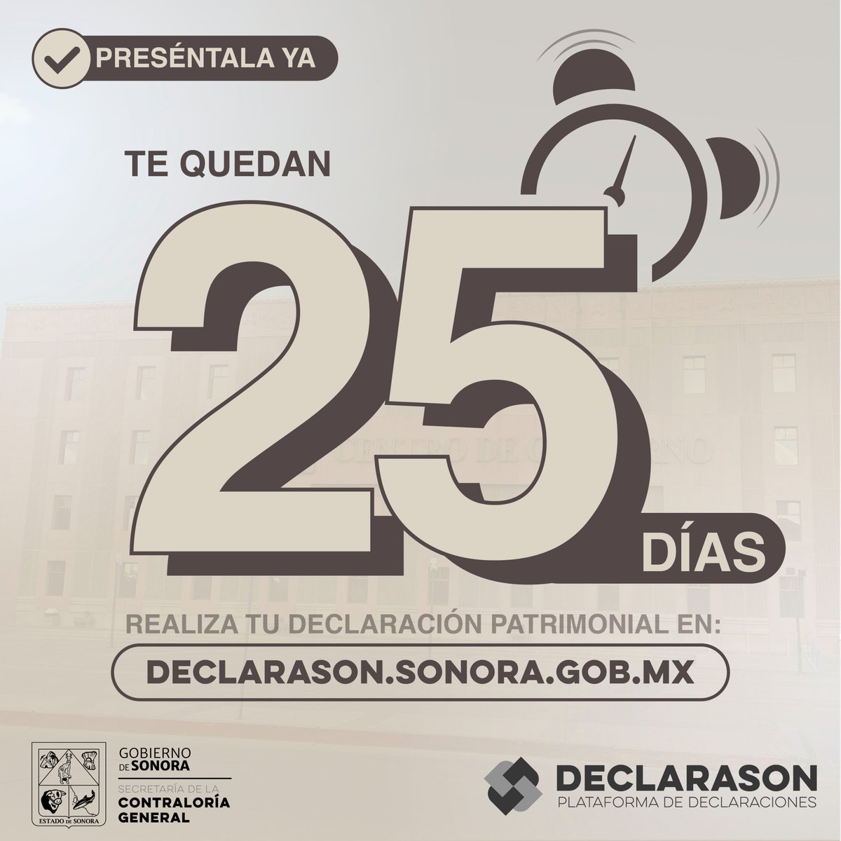 ¡Se acaba el tiempo! Te quedan 25 días para presentar tu Declaración Patrimonial de Modificación 2024 y así cumplir con tu compromiso por la #Transparencia y #RendiciónDeCuentas, ingresa a declarason.sonora.gob.mx y actualiza tus datos.

Si tienes dudas, comunícate con nosotros.