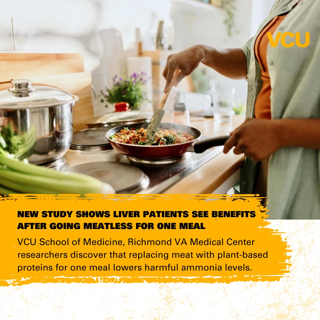 #VCU School of Medicine, Richmond VA Medical Center researchers discover that replacing meat with plant-based proteins for one meal lowers harmful ammonia levels. Read more: news.vcu.edu/article/2024/0…