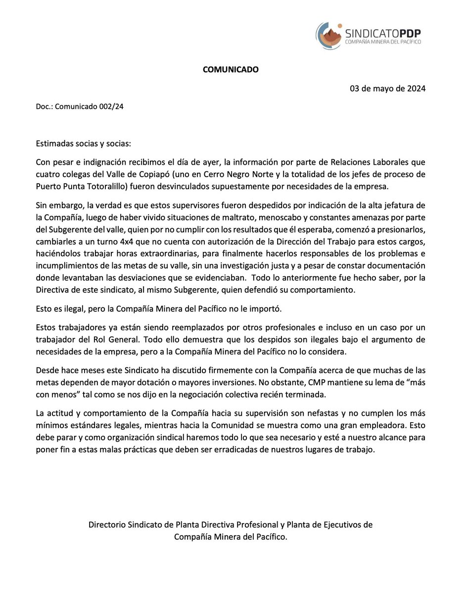 ⚠️DESPIDOS ILEGALES EN CMP
<a href="/CAP_CL/">Grupo CAP</a>
Compartimos comunicado frente a despidos de supervisores, en circunstancias irregulares, previamente denunciadas por Sindicato.  Es preciso representar en hechos lo que se proyecta hacia la comunidad, resguardando siempre la dignidad laboral.