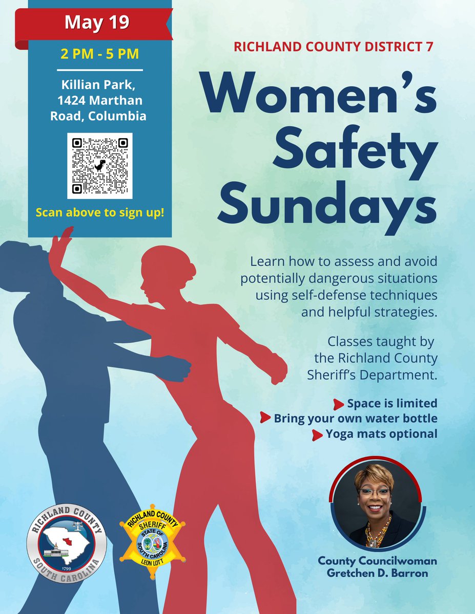 Women’s Safety Sundays are back💪🏽!  #RichlandCountySC Councilwoman @teambarron7 wants women to learn the tools to protect themselves at a free event, 2 p.m. Sunday, May 19 at 1424 Marthan Road, Columbia📍. 

Sign up for this class taught by @RCSD at tinyurl.com/jf6fdkzv🔗.