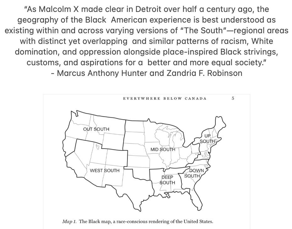 When I see people, especially those who've never lived in the South, pretend that the North and West are promised lands for Black people, I'm reminded of my experiences living in most regions of this country. This quote and map from Chocolate Cities capture my lived experience.