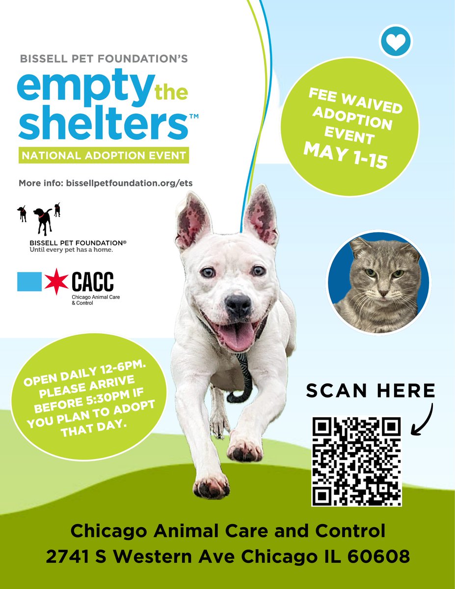 It's Empty the Shelters time! Help CACC find loving homes for amazing cats & dogs! Adoption fees waived May 1-15! Open daily 12pm-7pm (arrive by 5:30pm to adopt). #EmptyTheShelters #AdoptDontShop #ChicagoACC