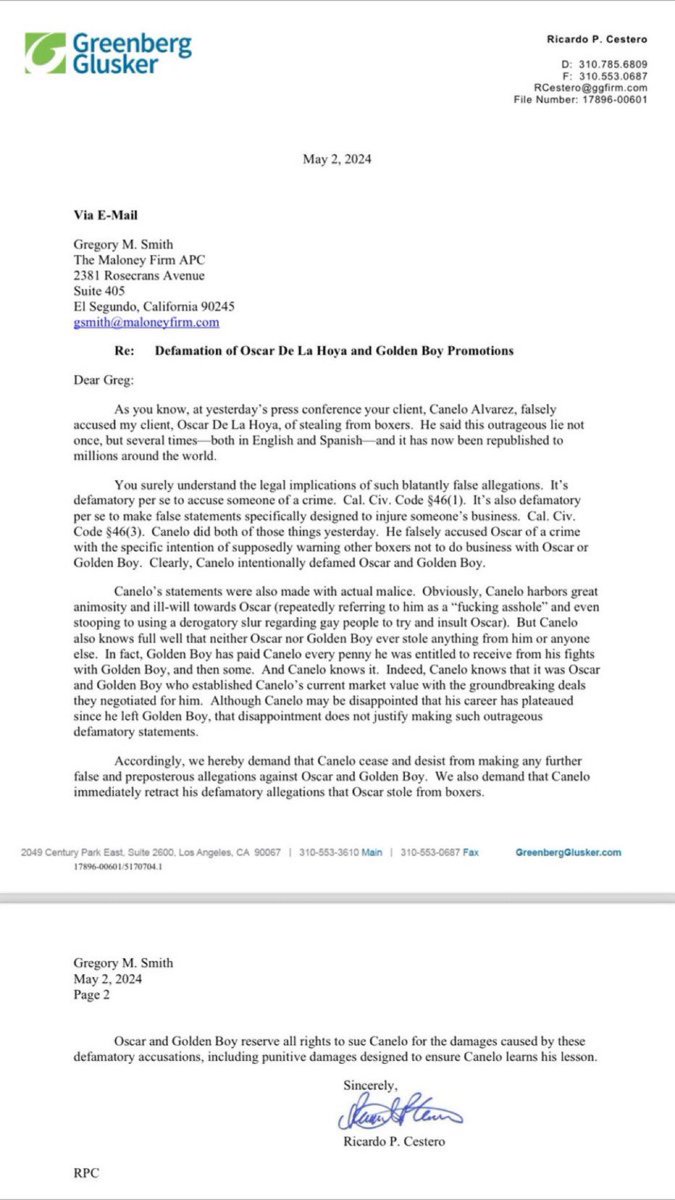 Oscar De La Hoya has posted a copy of the Legal DEMAND Letter his attorney sent to Canelo Alvarez's team⚖️✉️ #CaneloMunguia 👇👇👇👇