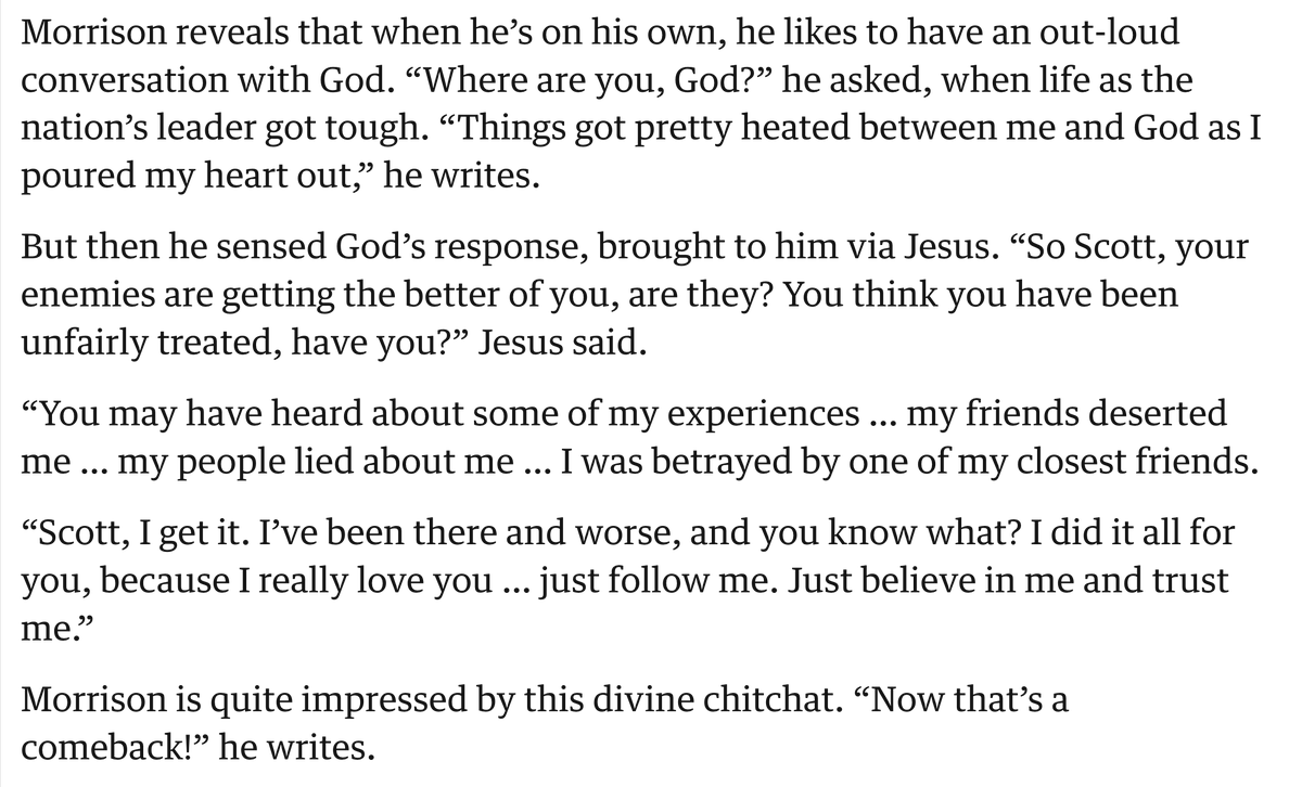 This excerpt from a review of Morrison's book by Tory Shepherd reveals an 'out loud' conversation between Scott and God. I'm again reminded of @geezer_grumpy's quote: 'Watching Morrison’s rise was like watching a fish climb a ladder – such things are difficult to comprehend.'