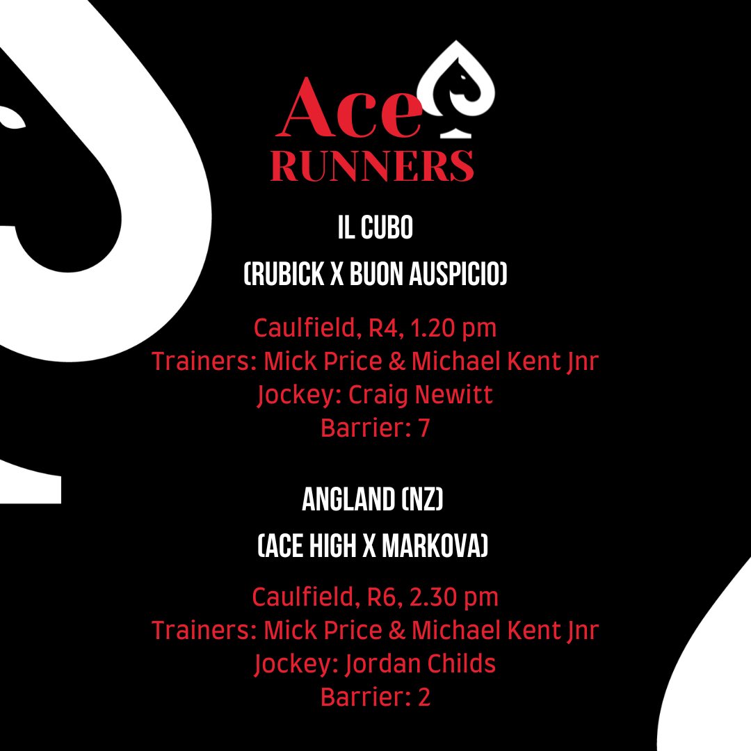 AceBloodstock's tweet photo. ♠️ An exciting day ahead @MelbRacingClub Caulfield with two runners for the @MickPriceRacing team.
Il Cubo resumes in Race 4 under Craig Newitt, and unbeaten 3YO Angland aims for three-in-a-row in Race 6 with @JChilds47 in the saddle 🏇
#JoinTheThrill #RaceWithAce https://t.co/Rbl9BskC13