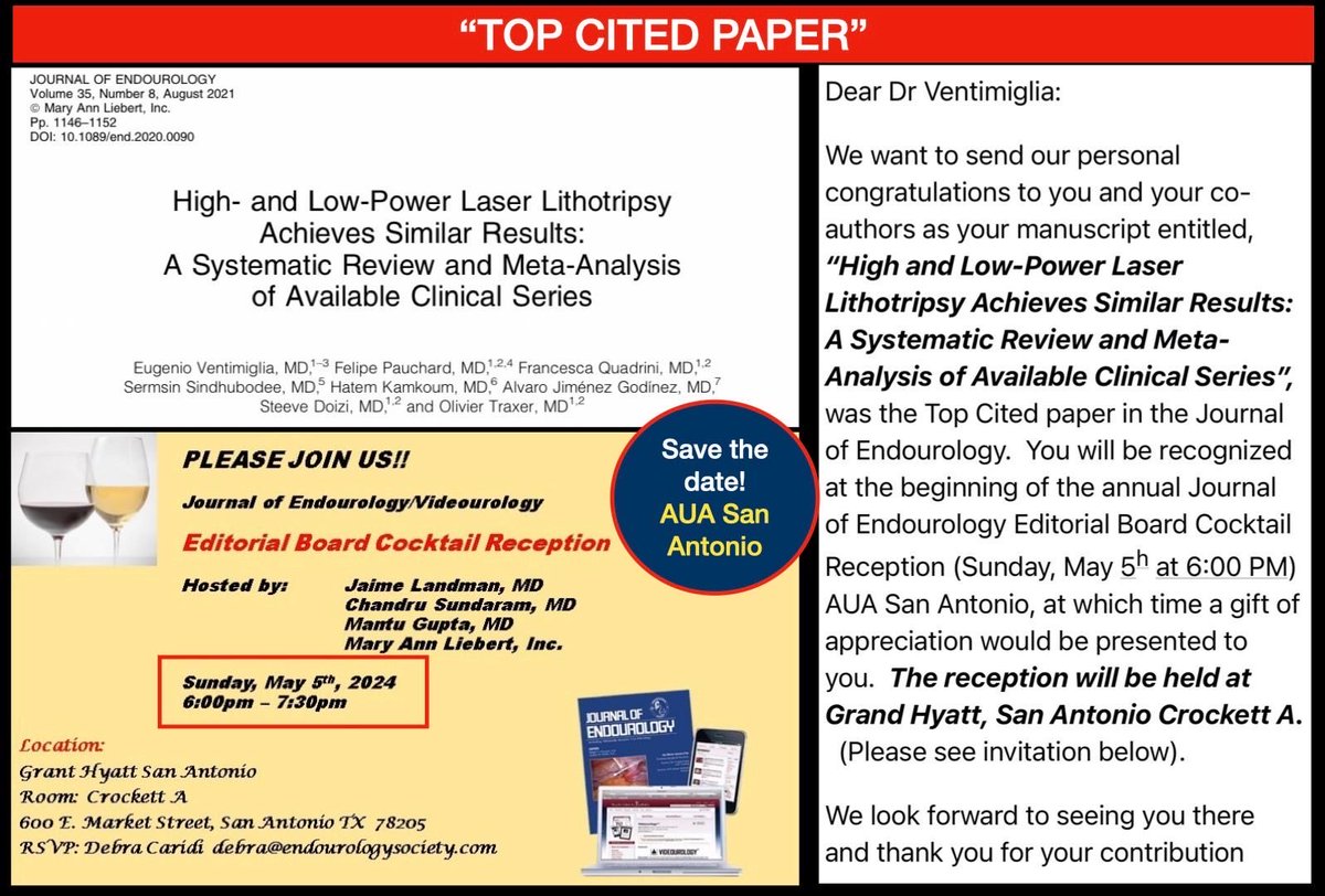 BN128: Congratulations Dr E. VENTIMIGLIA! Your manuscript : 'High & Low-Power Laser Lithotripsy Achieves Similar Results: A Systematic Review…' was the Top Cited paper in J. Endourol. You will be recognized at «J.EndoUrol Editorial Board Reception» May5h (6pm) Grand Hyatt, AUA24