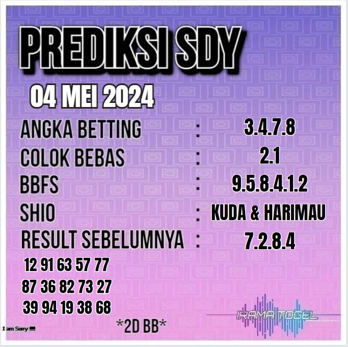 SYAIR TOGEL SYDNEY HARI INI SABTU, 04 MEI 2024 Support By : daftarirama.com #prediksitogel #prediksitop #prediksiharian #PrediksiHk #prediksihkhariini #iramatogel #indotogel #togelonline #kasinoonline #bandartogel #togelterpercaya