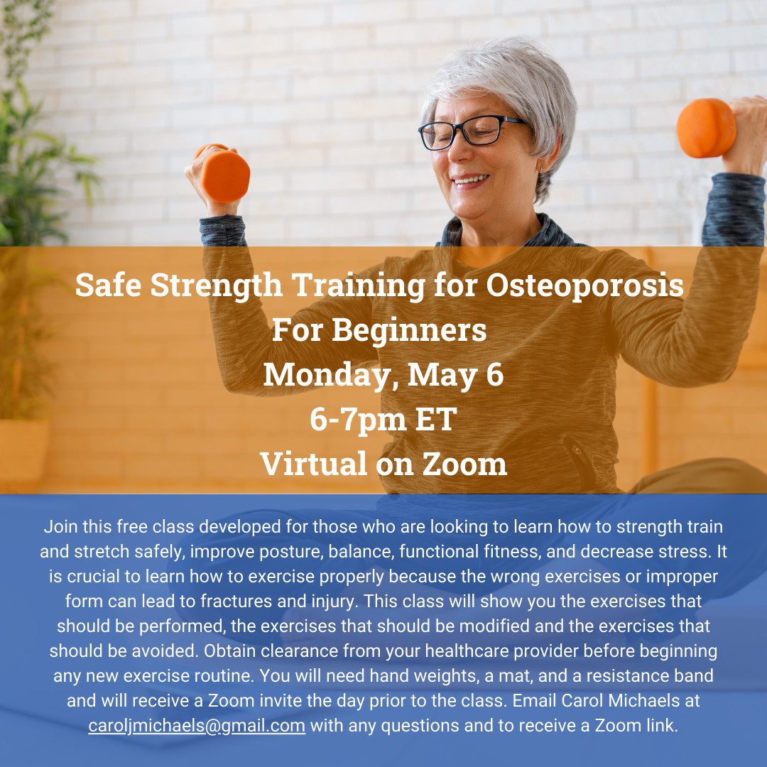 Join this free 1-hour #osteoporosis strength training beginner level class on Zoom on Monday, May 6, from 6-7pm ET. Learn more and find additional events here: bonehealthandosteoporosis.org/awareness-month