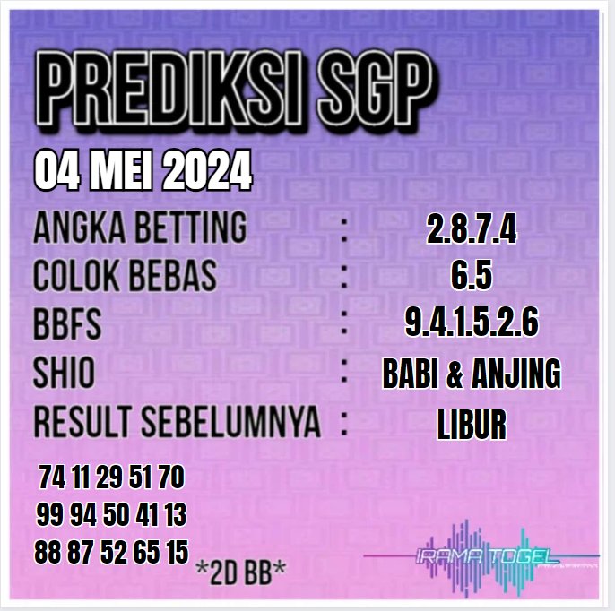 SYAIR TOGEL SINGAPORE HARI INI SABTU, 04 MEI 2024 Support By : daftarirama.com #prediksitogel #prediksitop #prediksiharian #PrediksiHk #prediksihkhariini #iramatogel #indotogel #togelonline #kasinoonline #bandartogel #togelterpercaya