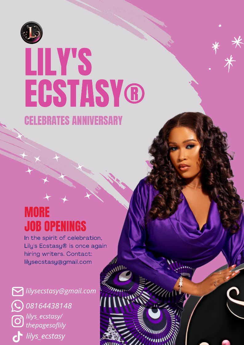 We’re still taking writers. Send your resume and sample to the different social media outlets. 

IG: lilys_ecstasy
      thepagesoflily
WhatsApp: 08164438148
Gmail: lilysecstasy@gmail.com

#hiringnow #hiring #HiringAlert #ghostwriting