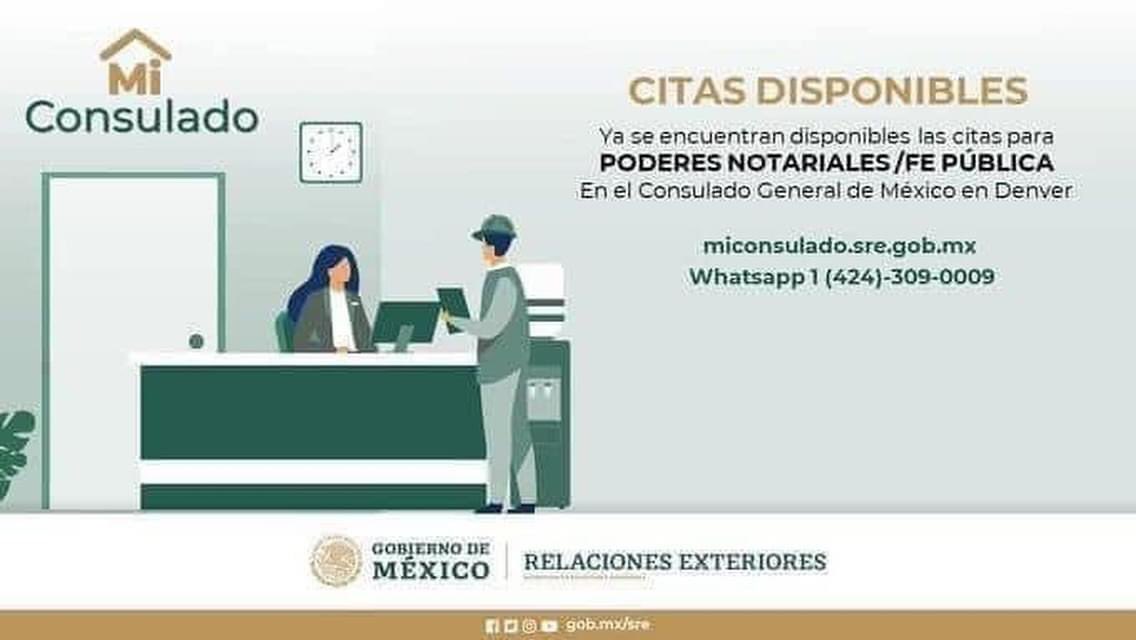 🚨CITAS DISPONIBLES⚠️ 🚨 Ya se encuentran disponibles las citas para #poderesnotariales (Fé pública) 

✔️Si vive en Colorado, Wyoming y Montana, en este momento tenemos citas disponibles para tramitar su #PoderNotarial en #ConsulMexDen.

Programa tu cita en #MiConsulado