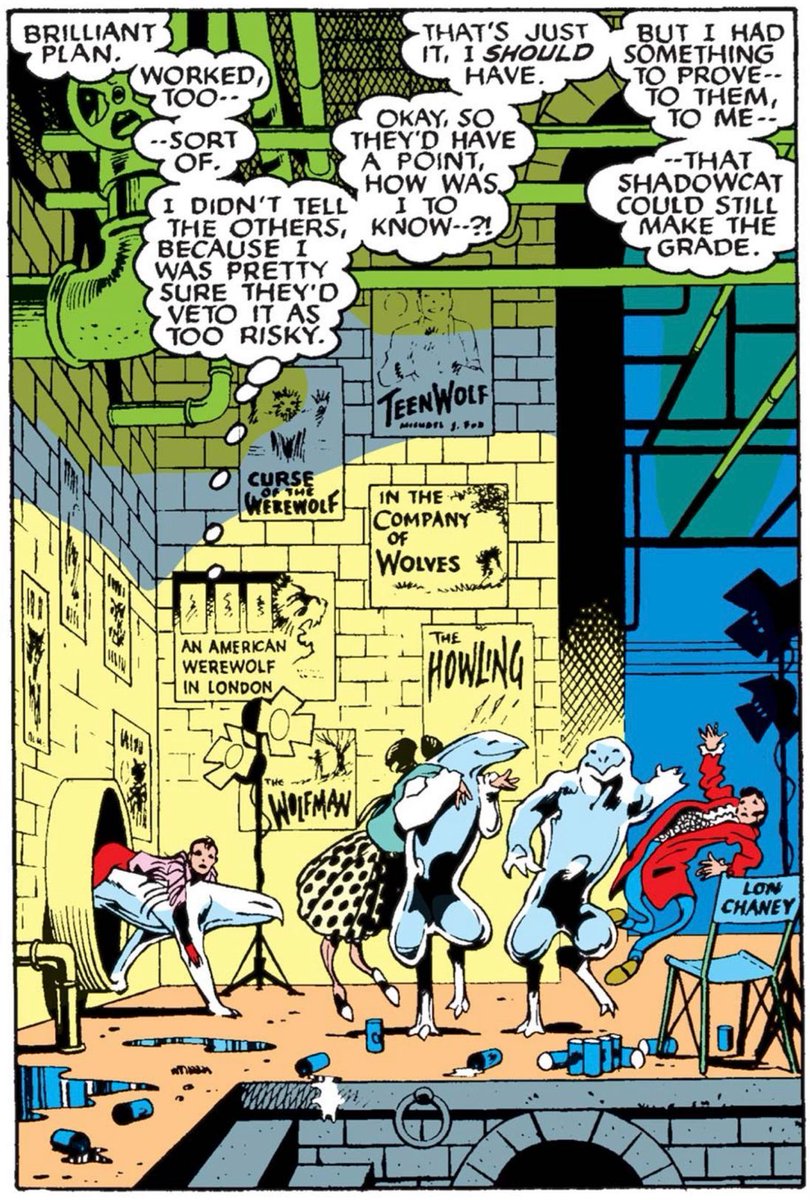 Speaking of weird little details, the Warwolves have chosen a werewolf-movie theme for their underground hideout! Besides the posters and memorabilia seen here, we also seen a poster for the movie Wolfen, and a reference to Hammer Horror actor Oliver Reed! #marvel #excalibur