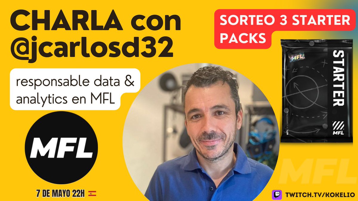 07-05 22h🇪🇦 🗨️ CHARLA CON @jcarlosd32 responsable data & analytics en @playMFL 🔺POSTEA tus DUDAS para que puedan ser resueltas EN DIRECTO ó MD📩 🔺SORTEO 3 STARTER PACK🎁 Pasos a seguir↩️ ➡️ Like y RT ➡️ Seguir a @playMFL @kokelio @jcarlosd32 ➡️ Estar en directo Twitch