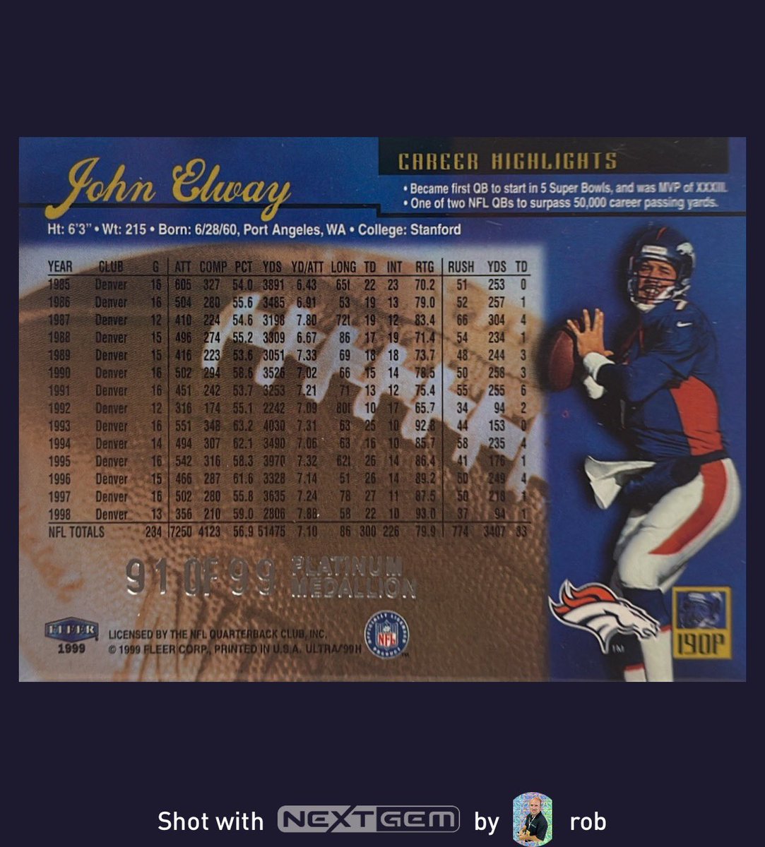 💥 We got down to the second to last pack in the box and my oldest pulled this 1999 Ultra Platinum Medallion John Elway card, serial numbered to 99!!! 💥