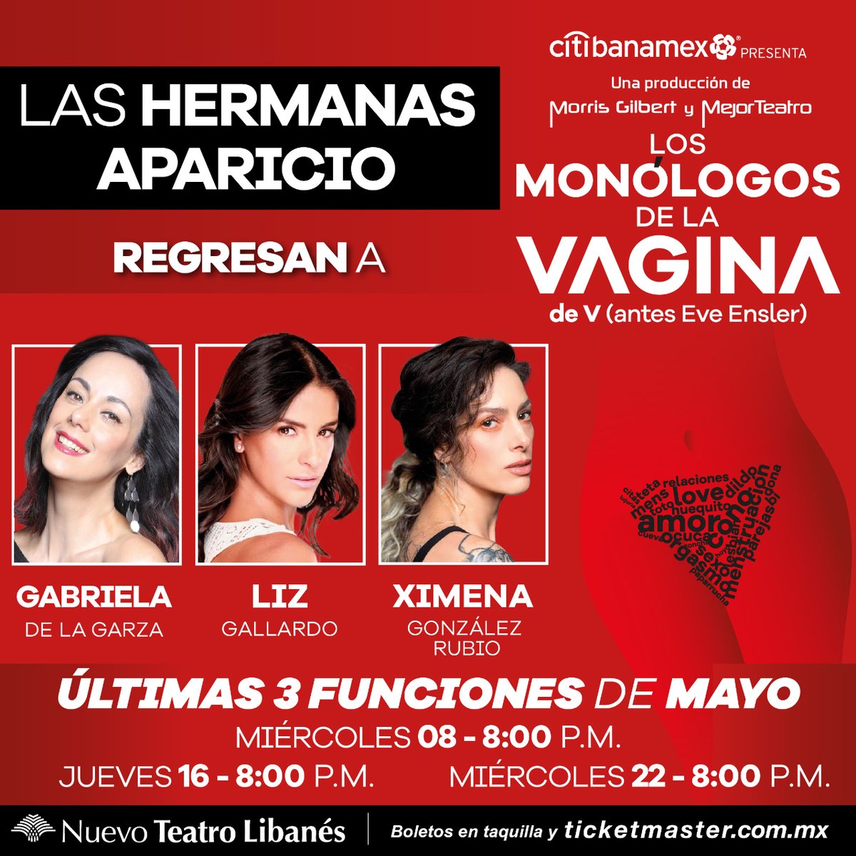 Porque ustedes lo pidieron, los miércoles de mayo a las 8:00 p.m. habrá funciones de #LosMonólogosDeLaVagina con las actrices que le dieron vida a las Aparicio.

💋 @gadelagarza 
👄 @LIZGALLARDOof
🫦 #XimenaGonzálezRubio
🎟️ bit.ly/LosMonologosDe…