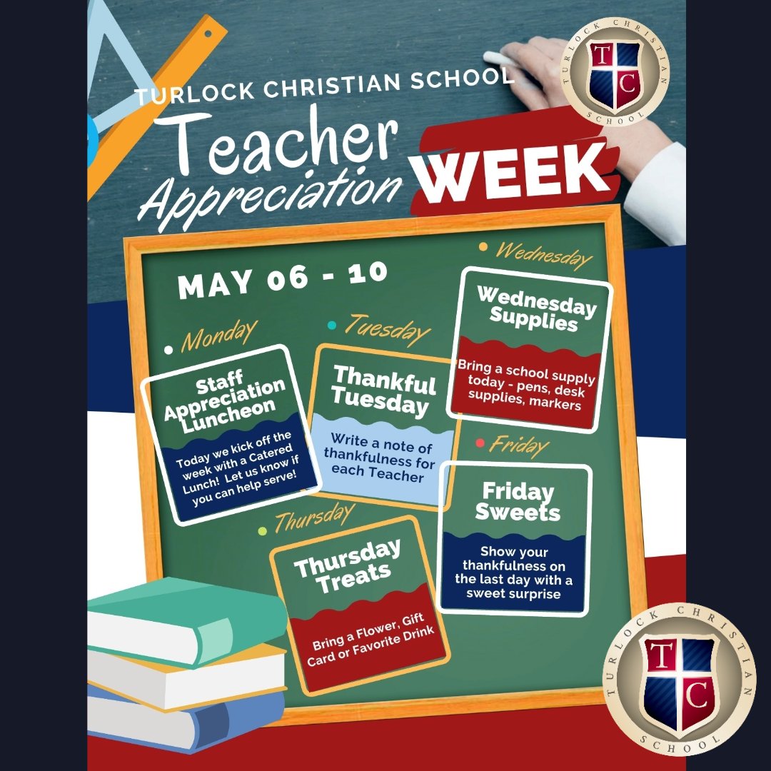 May 6 - 10 is Teacher Appreciation Week!  

Please use this week to show our wonderful Turlock Christian Teachers your thankfulness and appreciation on all campuses! 

#Turlockchristian #tceagles #TeacherAppreciation #ThankATeacher