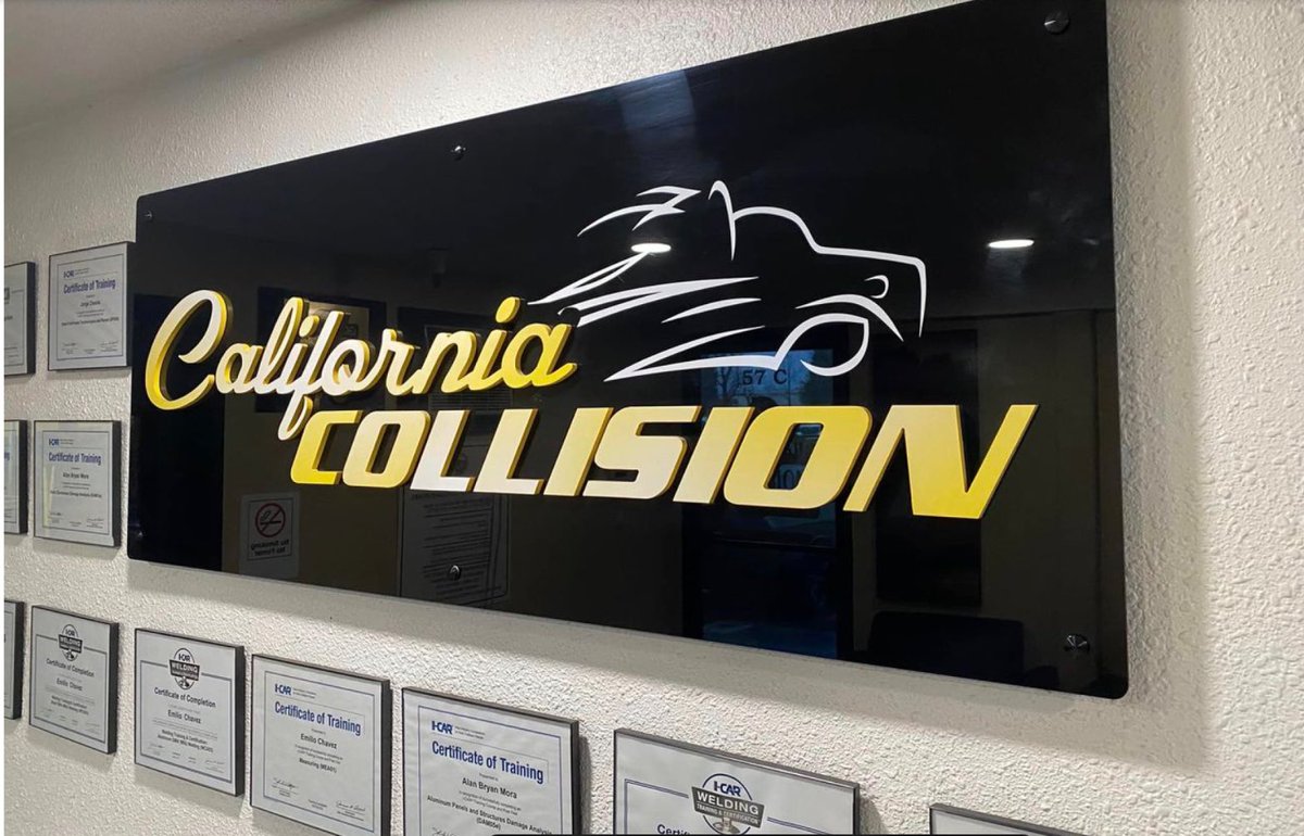 See how we revved up California Collision’s space in no time! Vibrant yellow letters against a glossy black background adds a pop of color to their walls. Ready to make a statement in your space? Let’s chat. #CaliforniaCollision #InsigniaDesigns #PleasantonCA