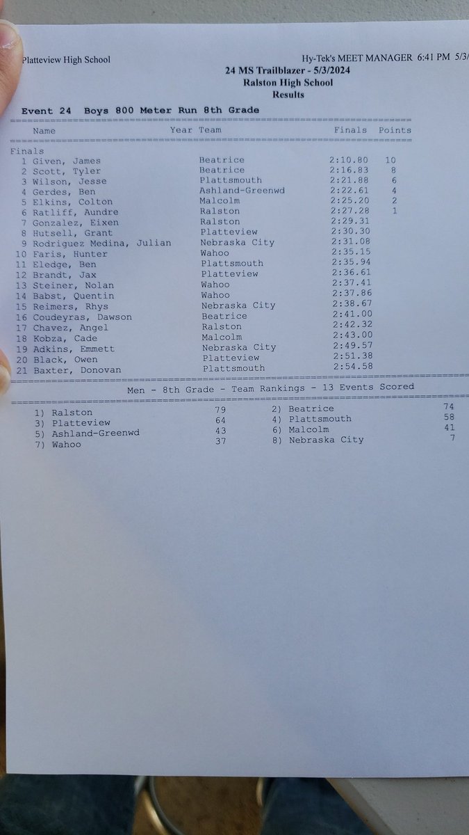 PhsTimingSystem's tweet image. 8th Grade Boys 800 Results
