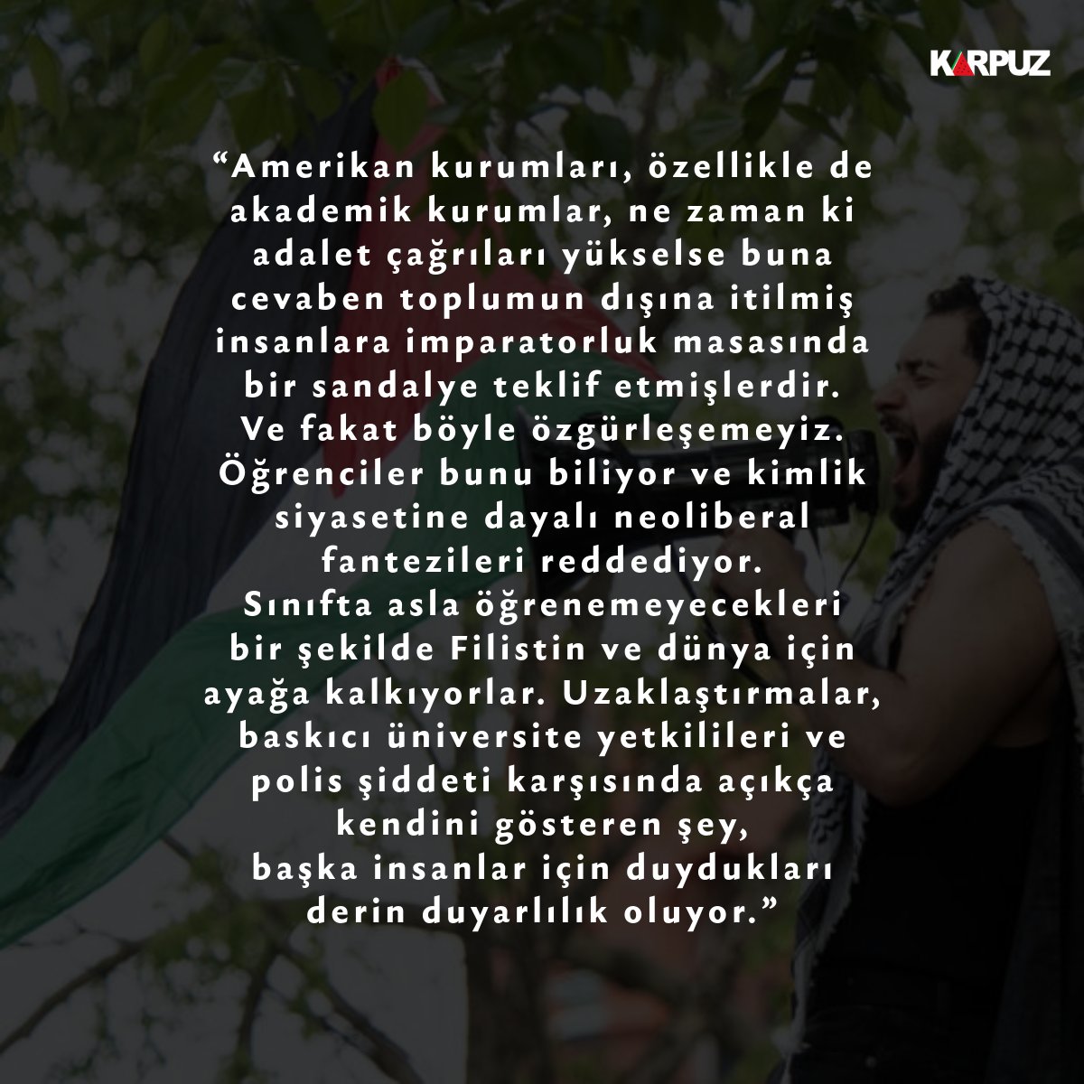 Gazze'de soykırım devam ederken ABD, tarihinin en büyük öğrenci eylemlerinden biri ile sarsılıyor. Her renkten ve dinden insanı özgürlük ve adalet talepleri etrafında bir araya getiren bu öğrenci hareketlerine dair Nuşrat Nur'un yazısını çevirdik: karpuzcevirdegi.com/yasasin-ogrenc…