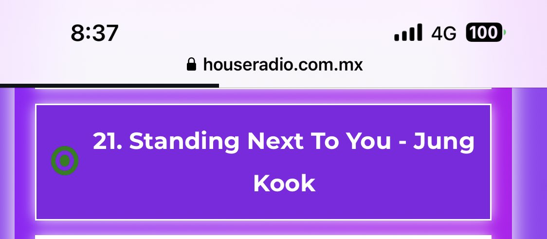 @dkk4328 @houseradiomx 𝗦𝘁𝗮𝗻𝗱𝗶𝗻𝗴 𝗡𝗲𝘅𝘁 𝗧𝗼 𝗬𝗼𝘂 Hello @houseradiomx Today I want to vote 15 times for #StandingNextToYou by #JungKook #RankingHouse Thank you! 💜