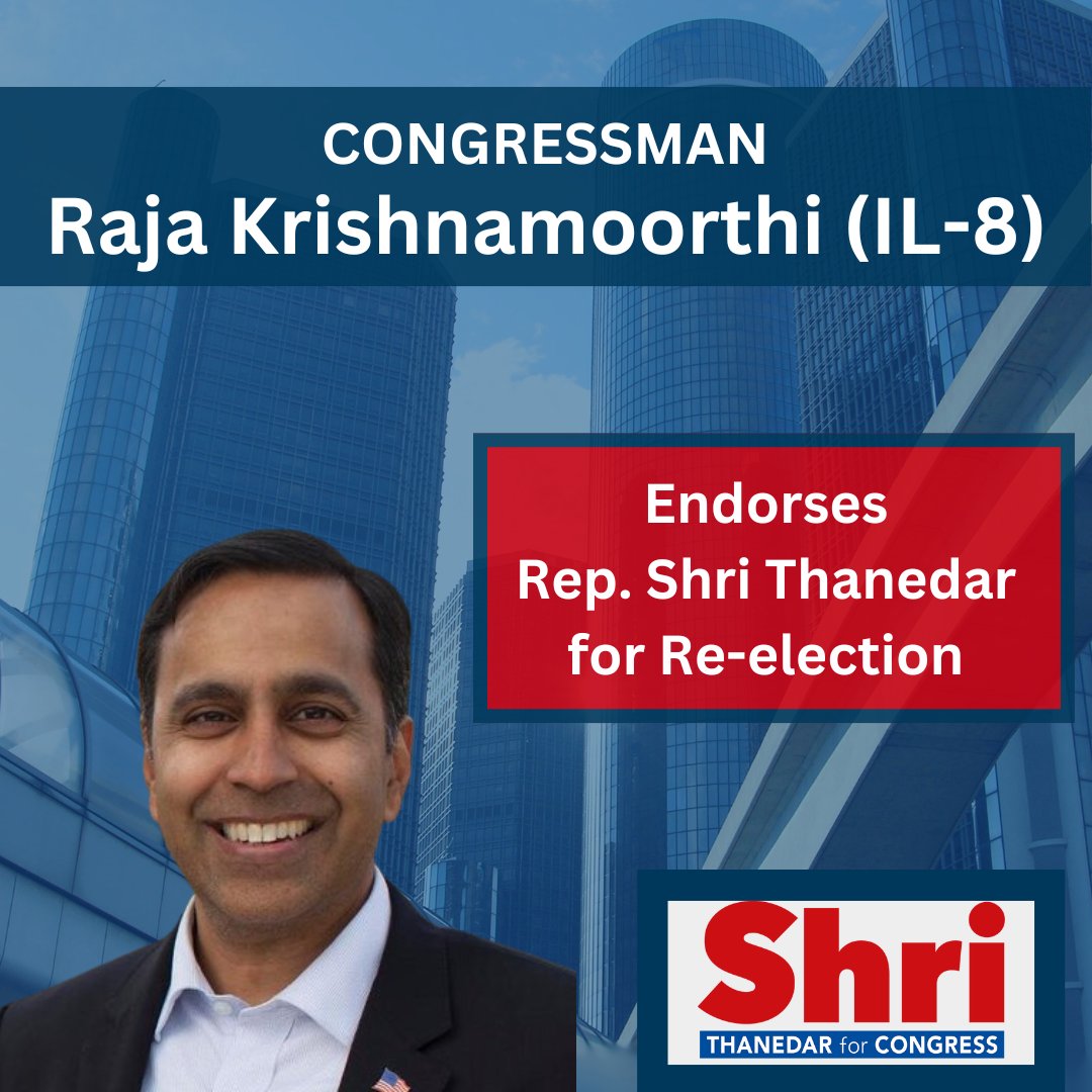 I am excited to announce that Congressman @RajaForCongress has endorsed our campaign! I look forward to continuing to work with Rep. Krishnamoorthi to lower costs for American families, fight the climate crisis, and protect reproductive rights for all. #MI13