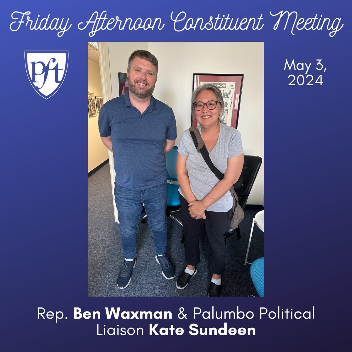 Great constituent meeting today! Palumbo Political Liaison Kate Sundeen met w/ her State Rep. @RepBenWaxman. They talked all things education budget as well as many additional important topics--meeting with your elected officials is a great way to connect and advocate! #phled